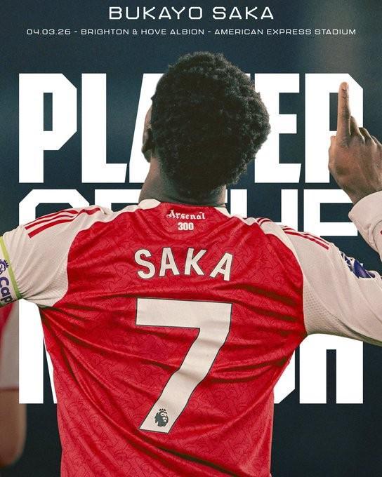 开云体育入口-打入全场唯一进球，萨卡当选与布莱顿一役阿森纳队内最佳球员